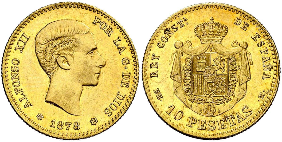 Moneda de 10 pesetas de Alfonso XII año 1878