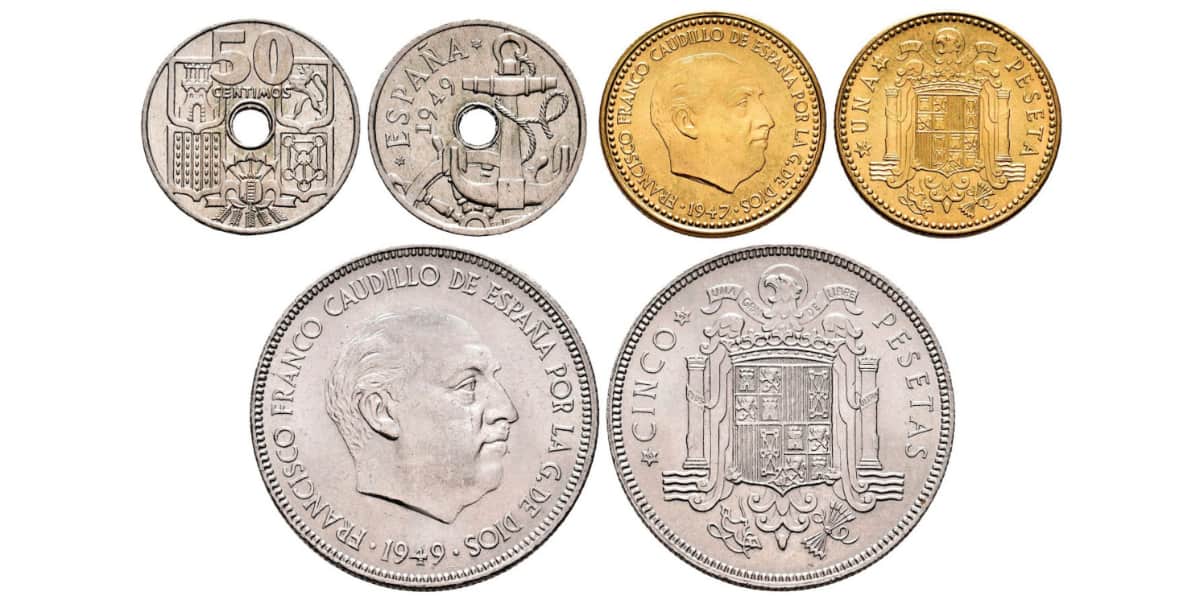 Monedas 50 céntimos, 1 y 5 pesetas 1949