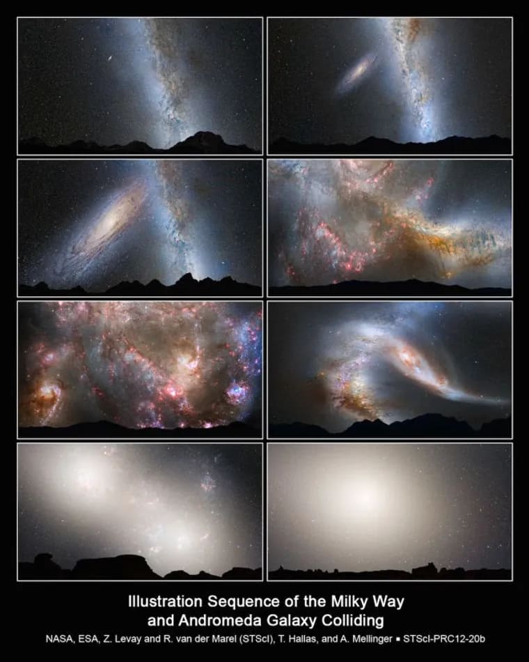 Ilustración de la secuencia de choque entre la Vía Láctea y la galaxia Andrómeda
