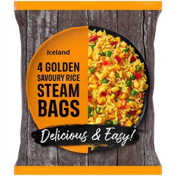 Arroz vaporizado 4 Golden Savoury Rice Steam Bags de la marca Iceland