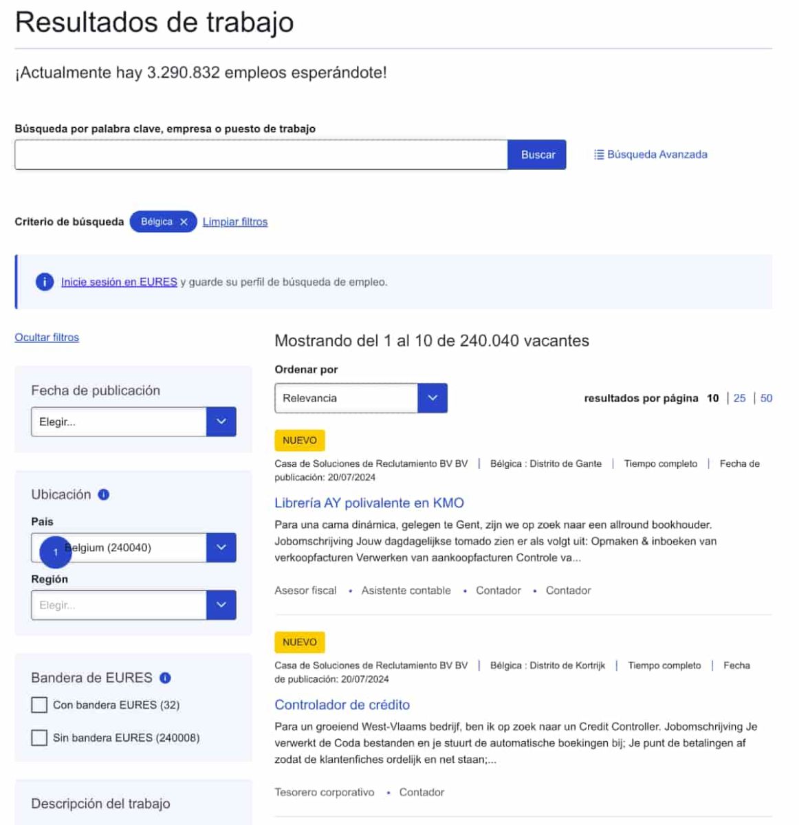 ofertas de empleo eures para Bélgica