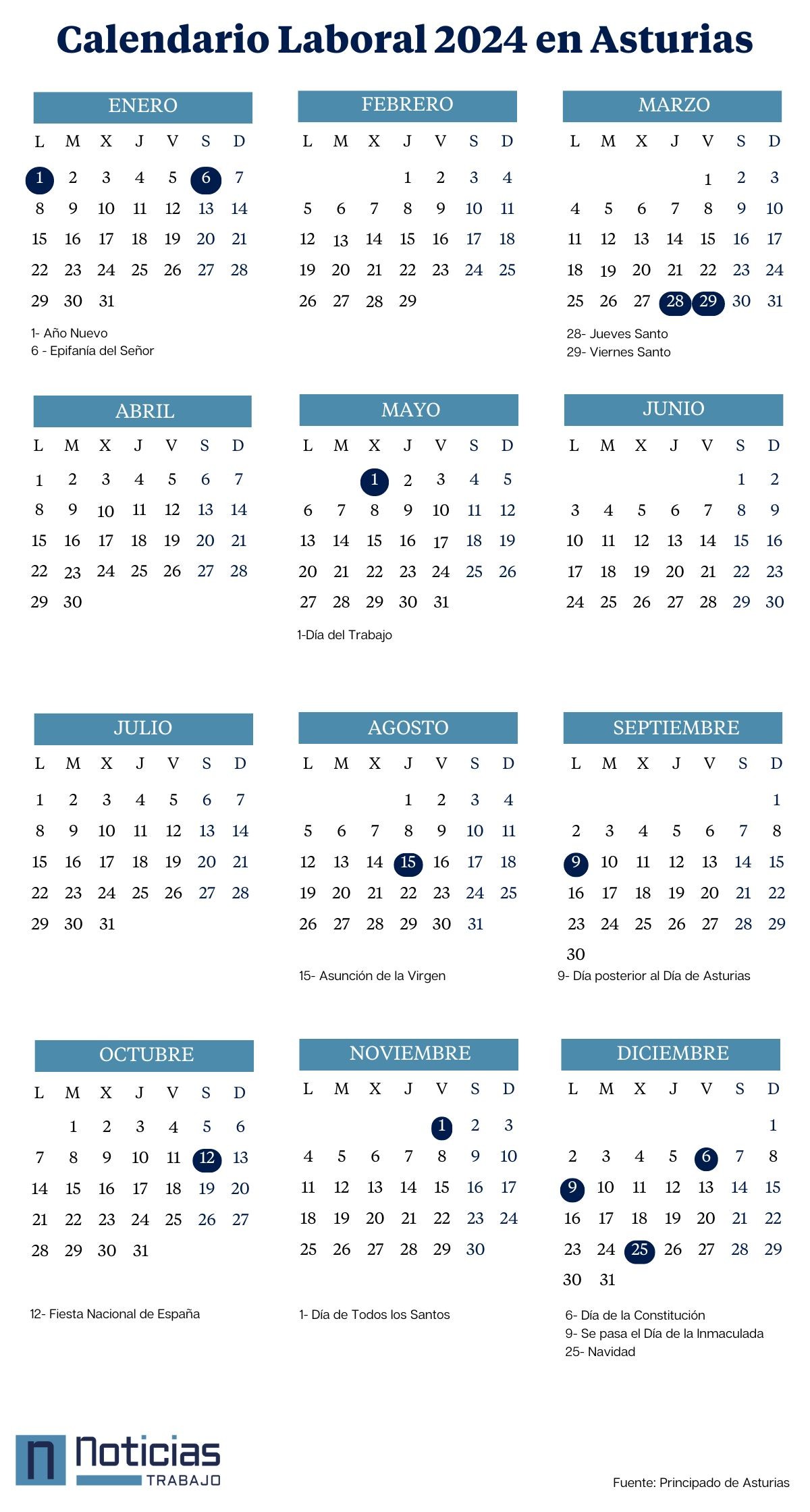 Calendario laboral 2024 de Asturias