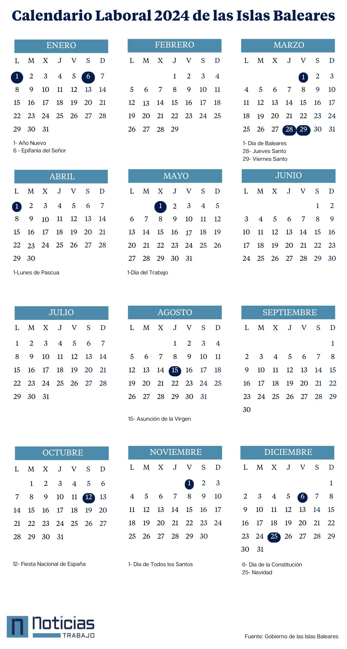 Calendario laboral 2024 de las Islas Baleares