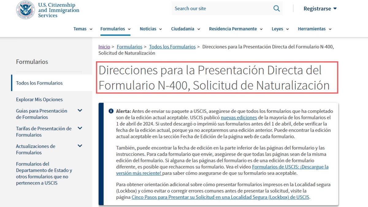 Direcciones para enviar el formulario N-400