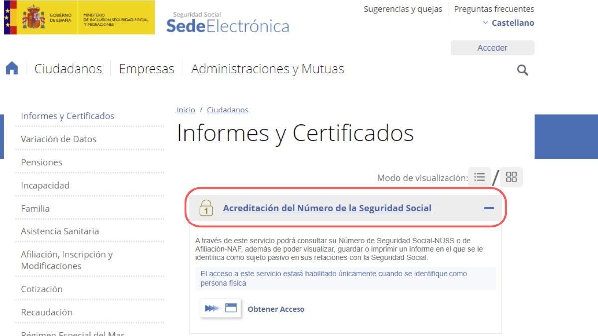 Consultar el NAF en la web de la Seguridad Social