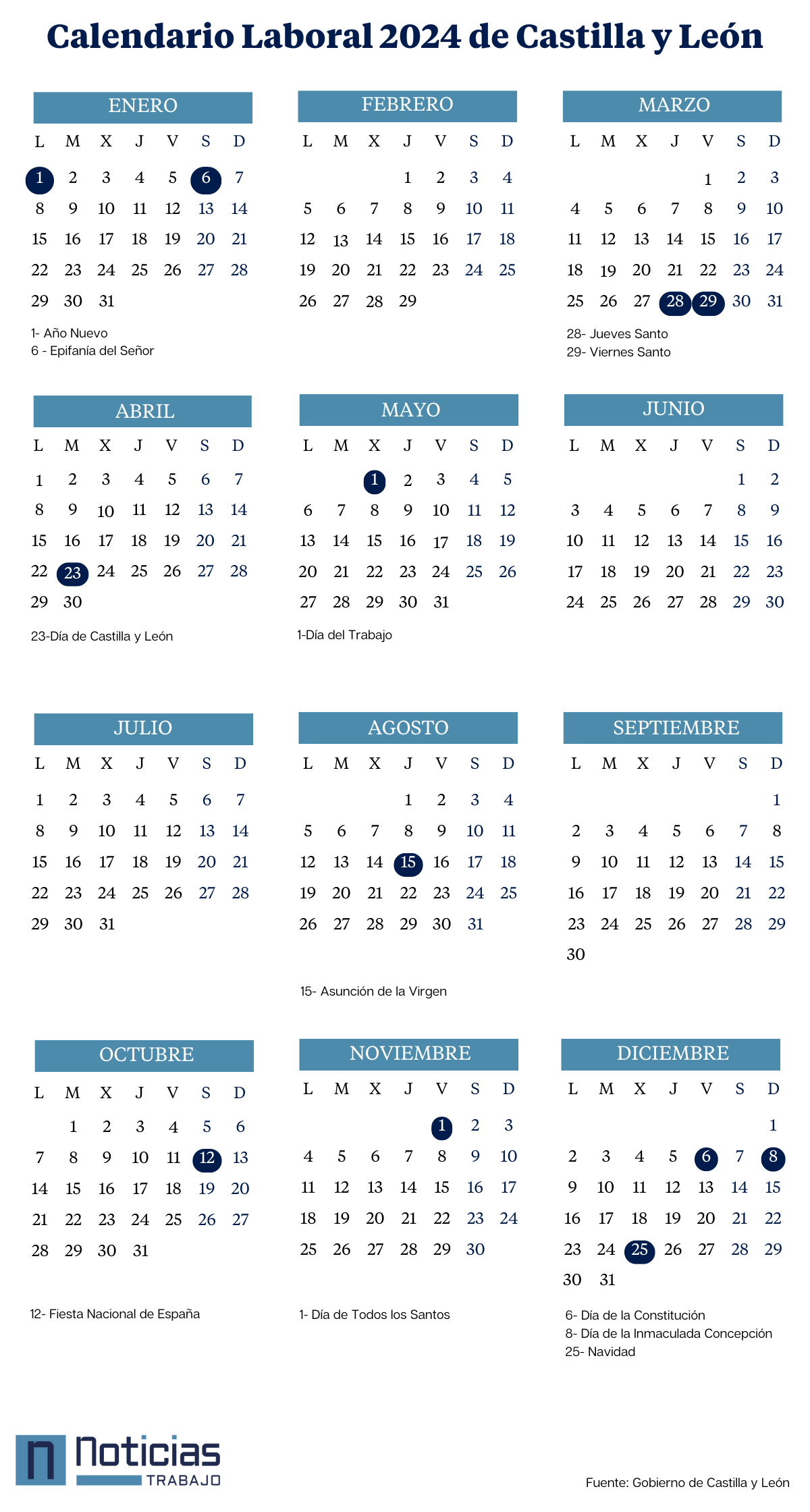 Calendario laboral 2024 de Castilla y León