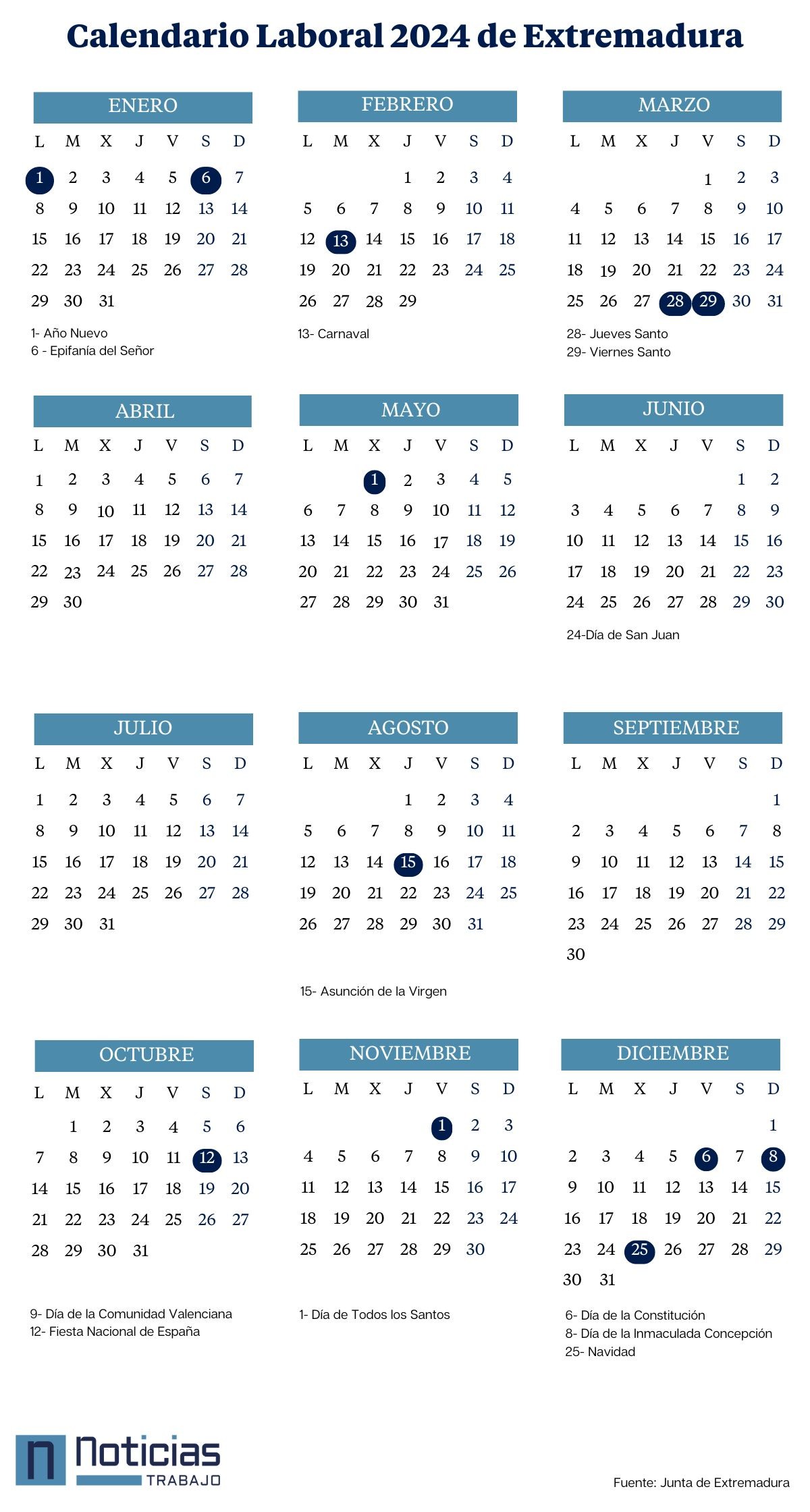 Calendario laboral 2024 de Extremadura