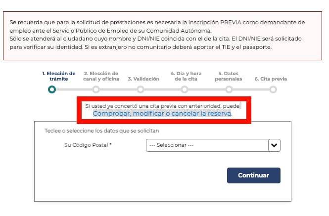 Paso 2 para anular una cita previa en el SEPE