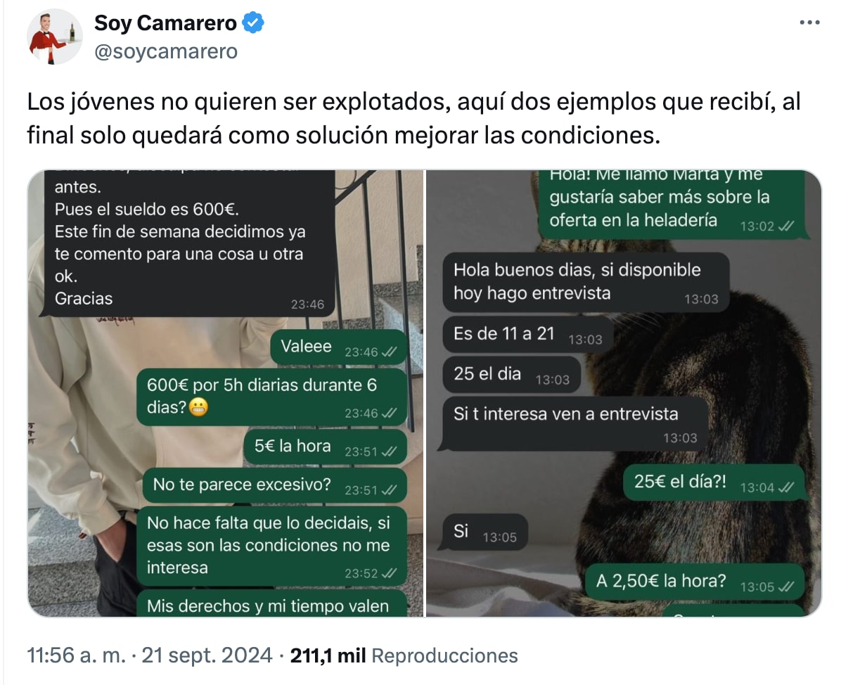 Captura de pantalla de SoyCamarero donde ofertan empleo a 2,5 euros la hora de trabajo