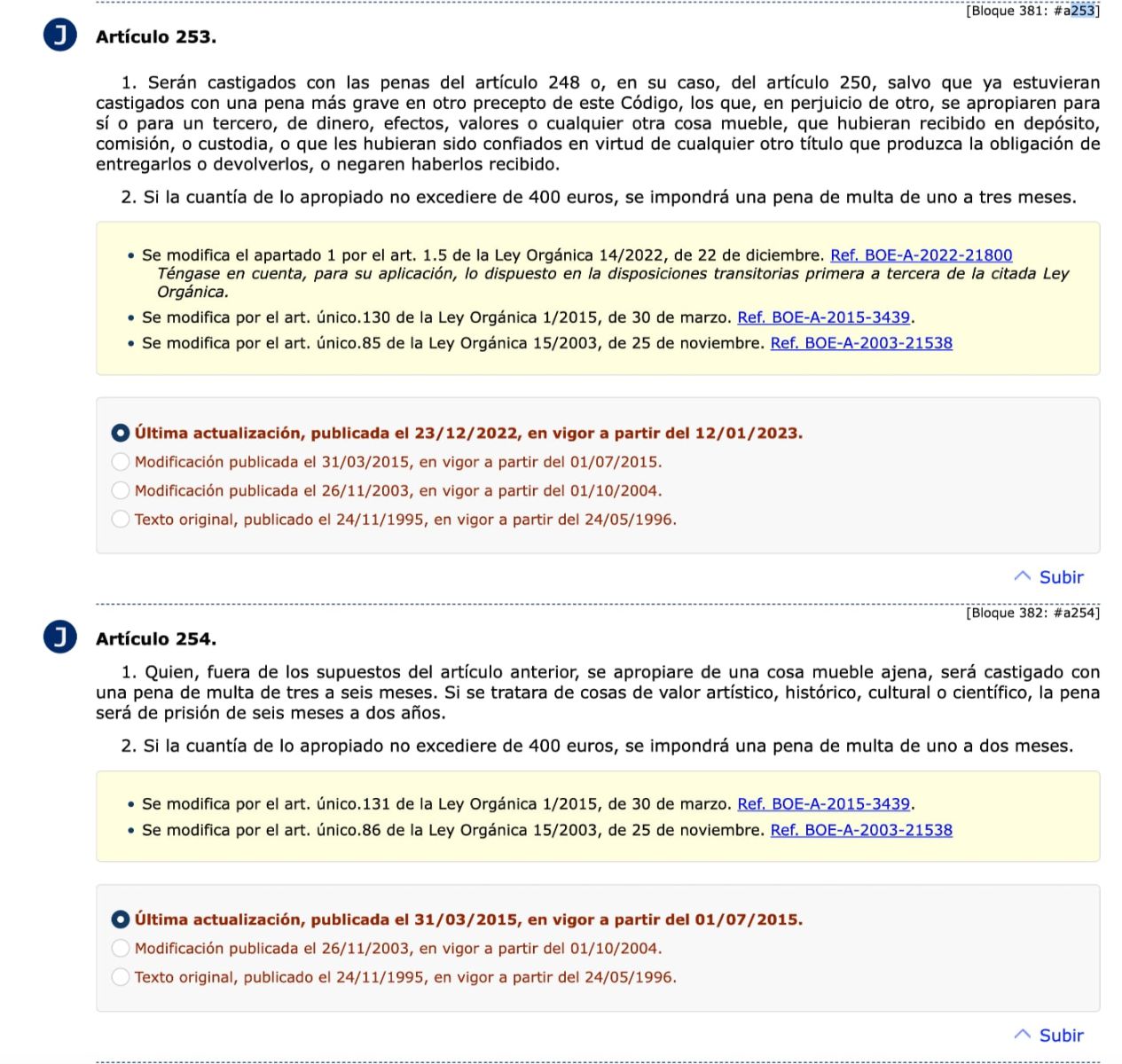 Código Penal artículos 253 y 254