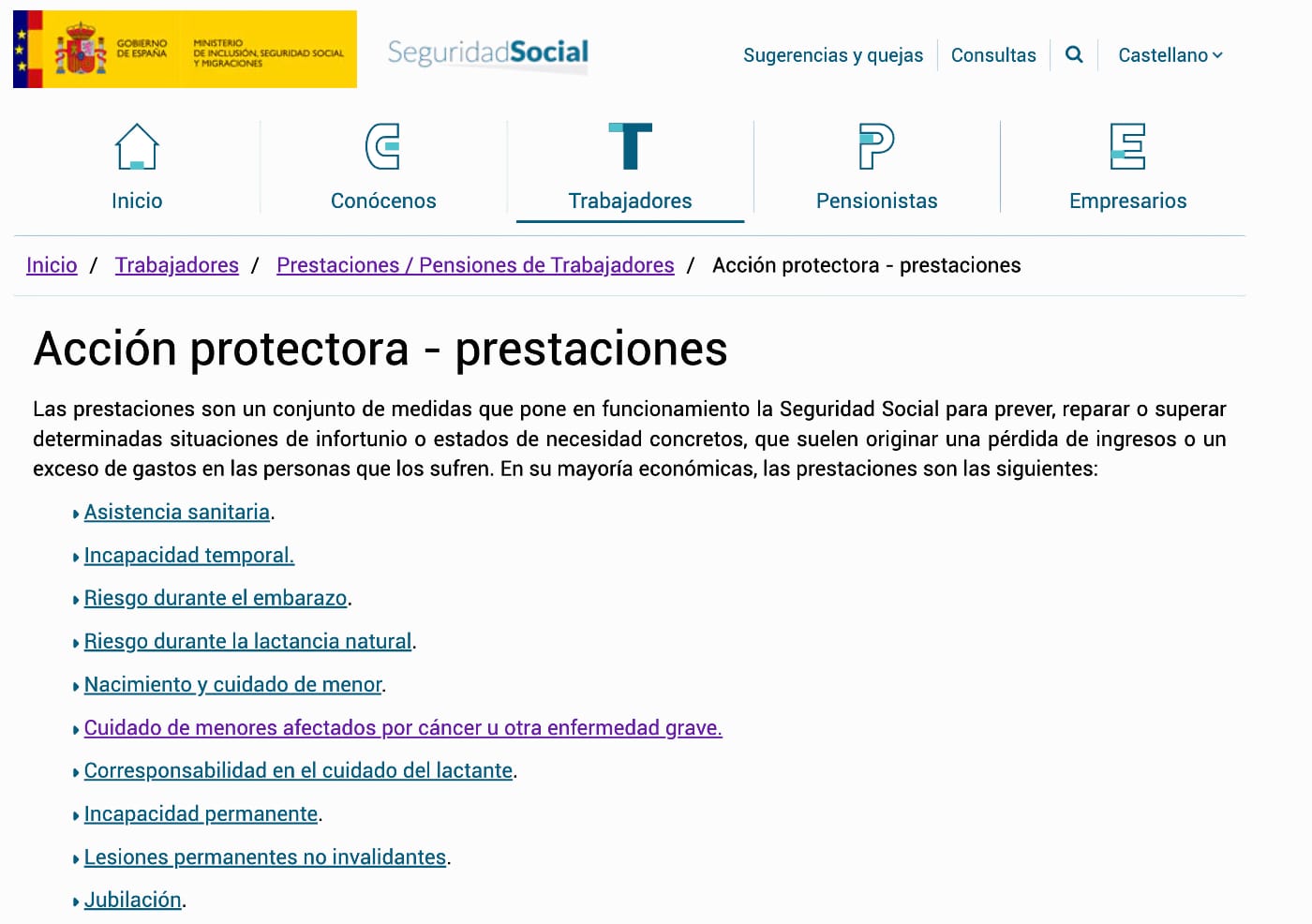 Listado de prestaciones de la Seguridad Social