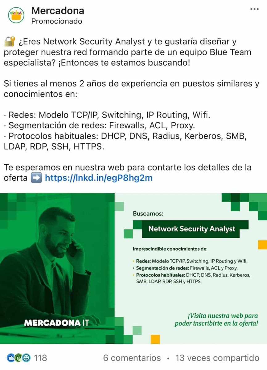 Ofertas de empleo de Mercadona publicada en Linkedin