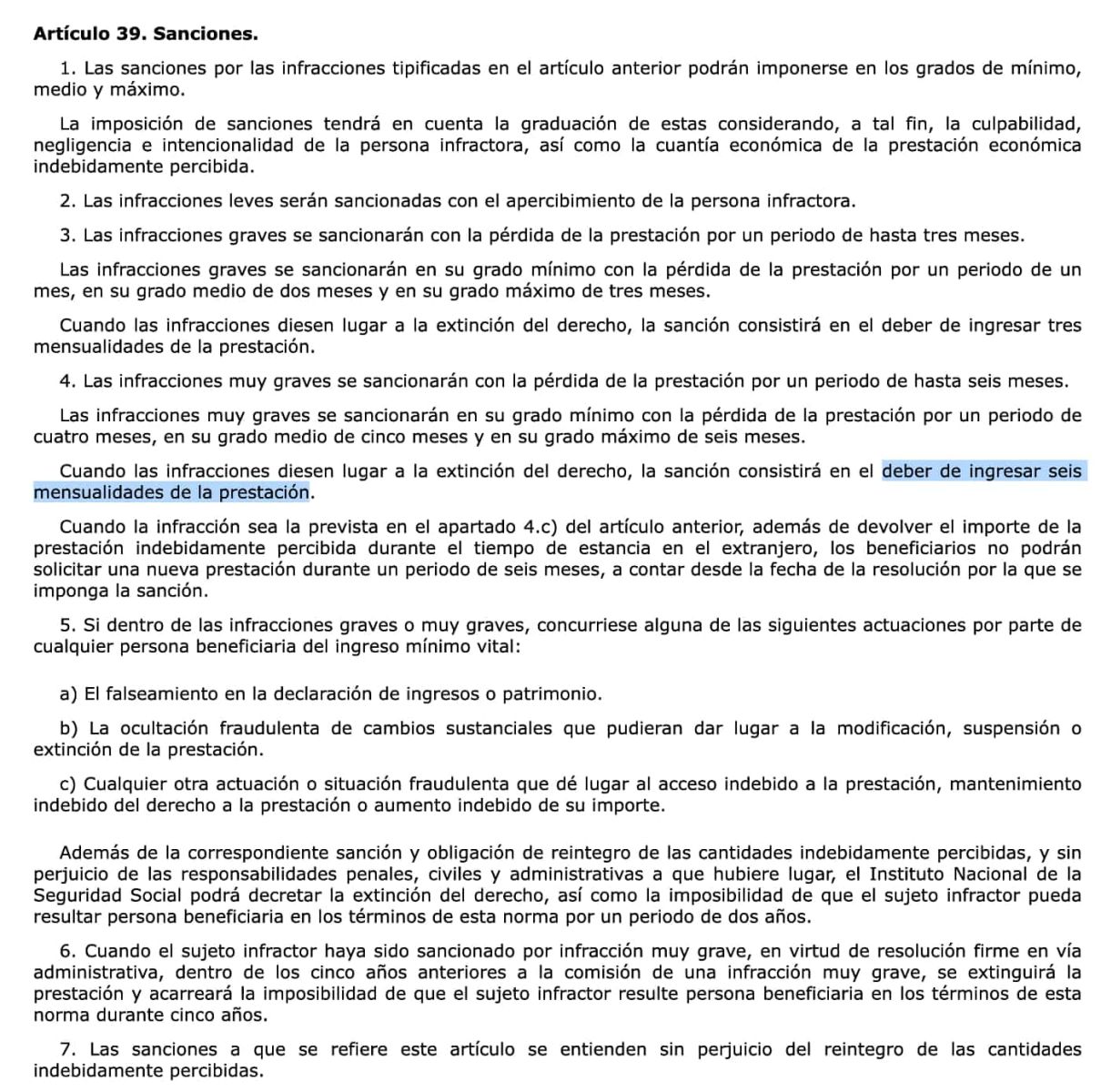 Sanciones y devolución del Ingreso Mínimo Vital según la Ley