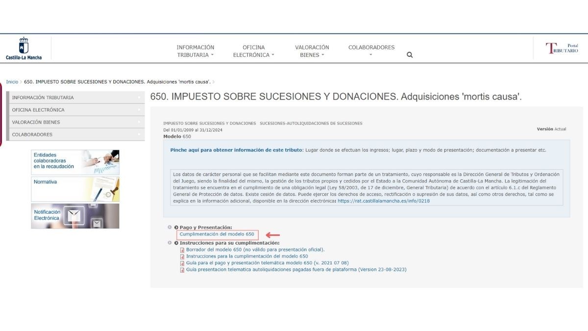 Página web del Gobierno de Castilla-La Mancha para presentar el Modelo 650