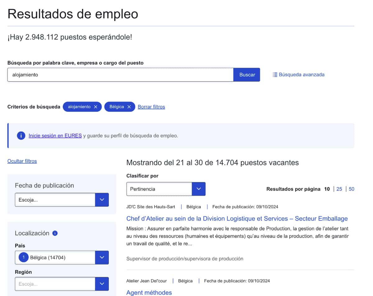 Ofertas de empleo Bélgica filtradas por alojamiento gratuito