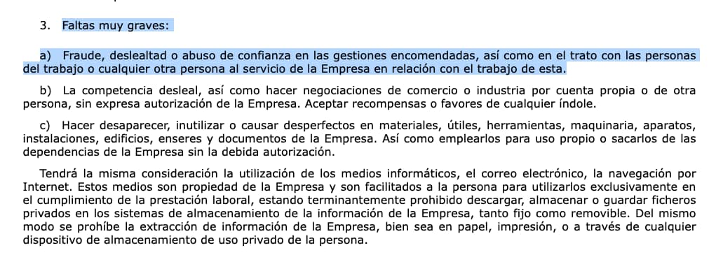 Falta grave de deslealtad artículo 33 del Convenio Colectivo de Mercadona