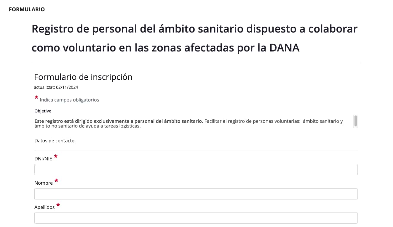 Formulario registro para ser voluntario sanitario para ayudar a los afectados por la DANA en la Valencia