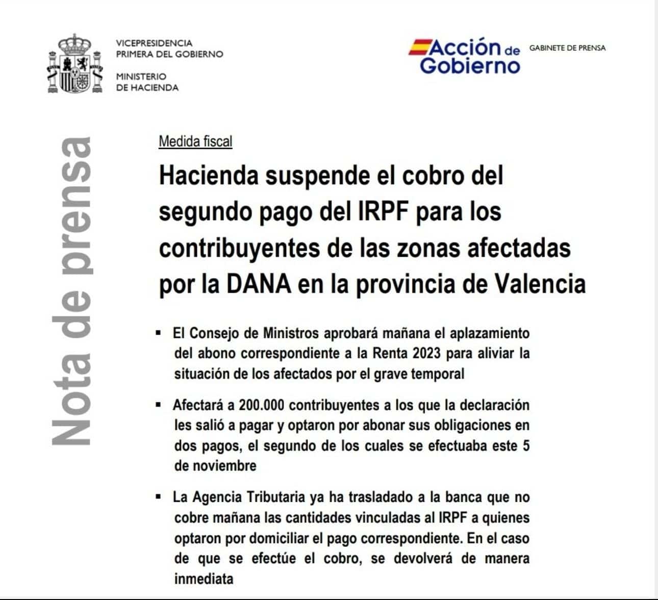 Nota de prensa de Hacienda