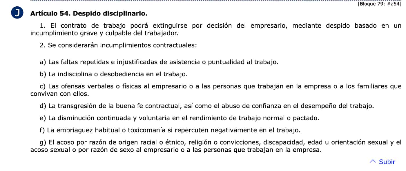 Artículo 54 del Estatuto de los Trabajadores, el despido disciplinario