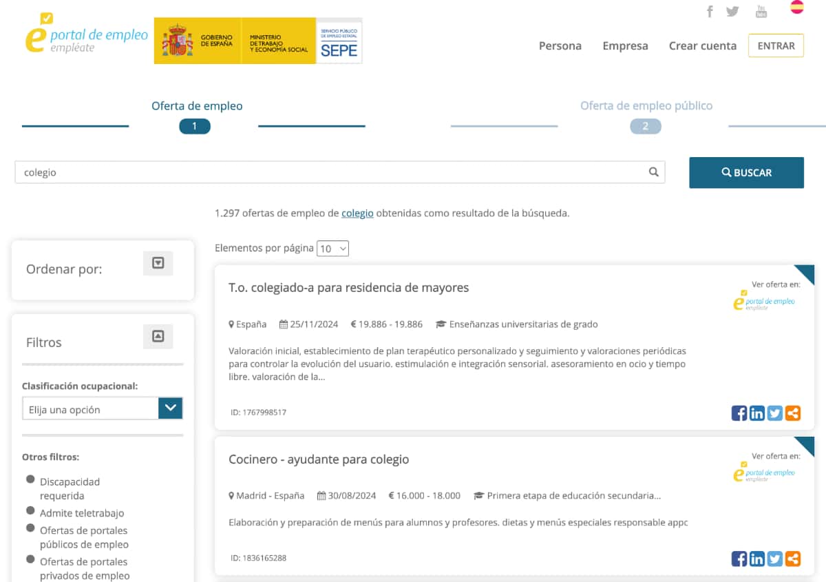 Captura de la web del SEPE con las ofertas de empleo