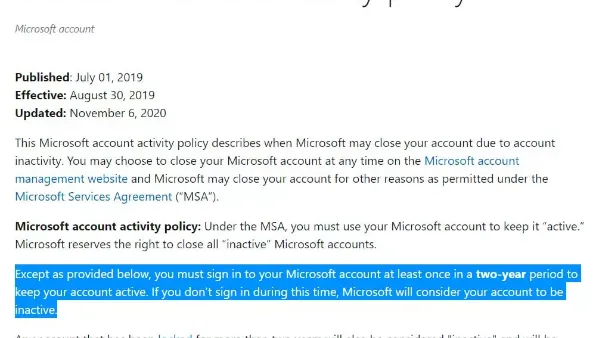 mensaje de Microsoft anunciando el borrado de cuentas