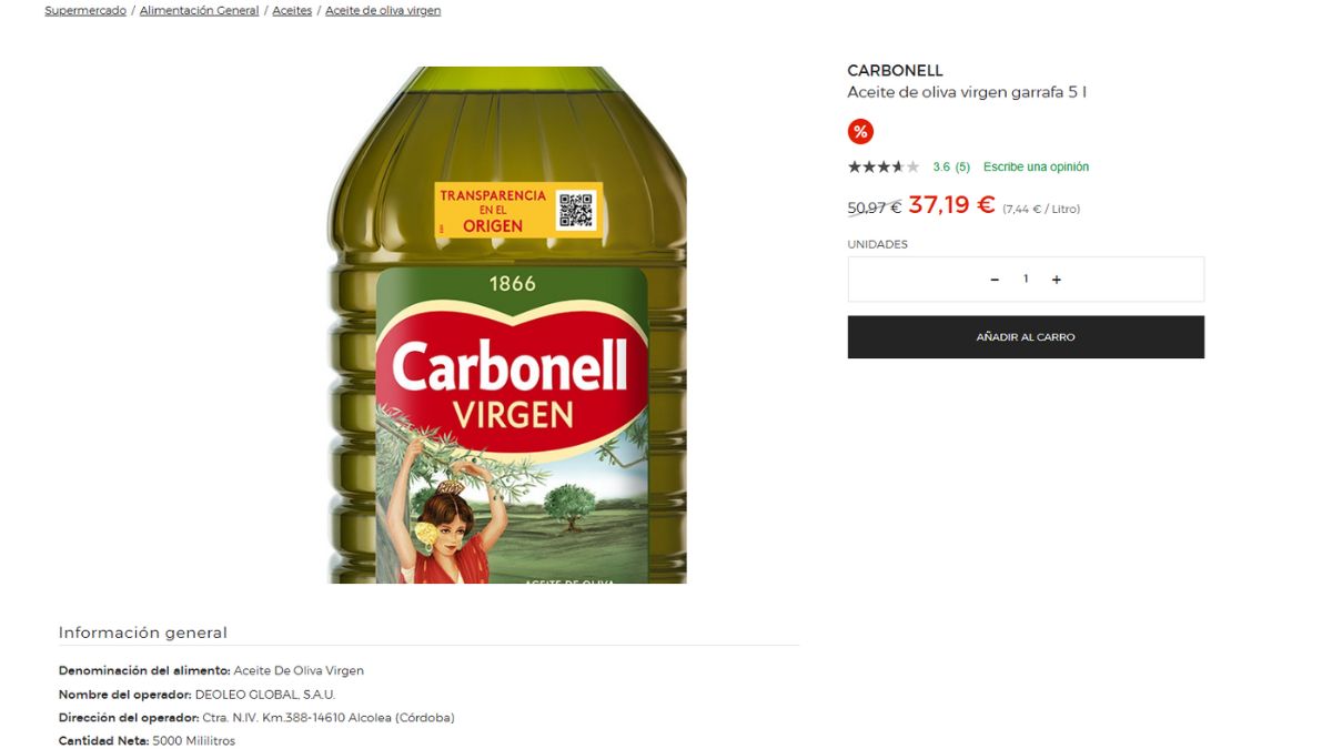 Aceite de oliva en promoción en El Corte Inglés.