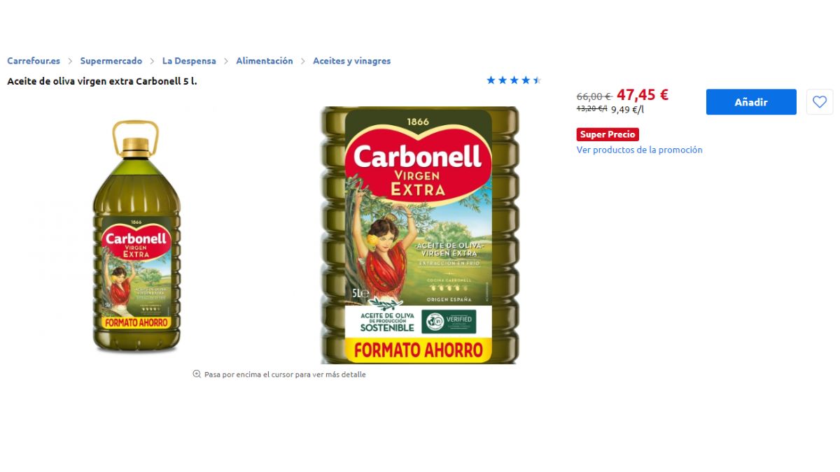Imagen del aceite de oliva que está de oferta en Carrefour.