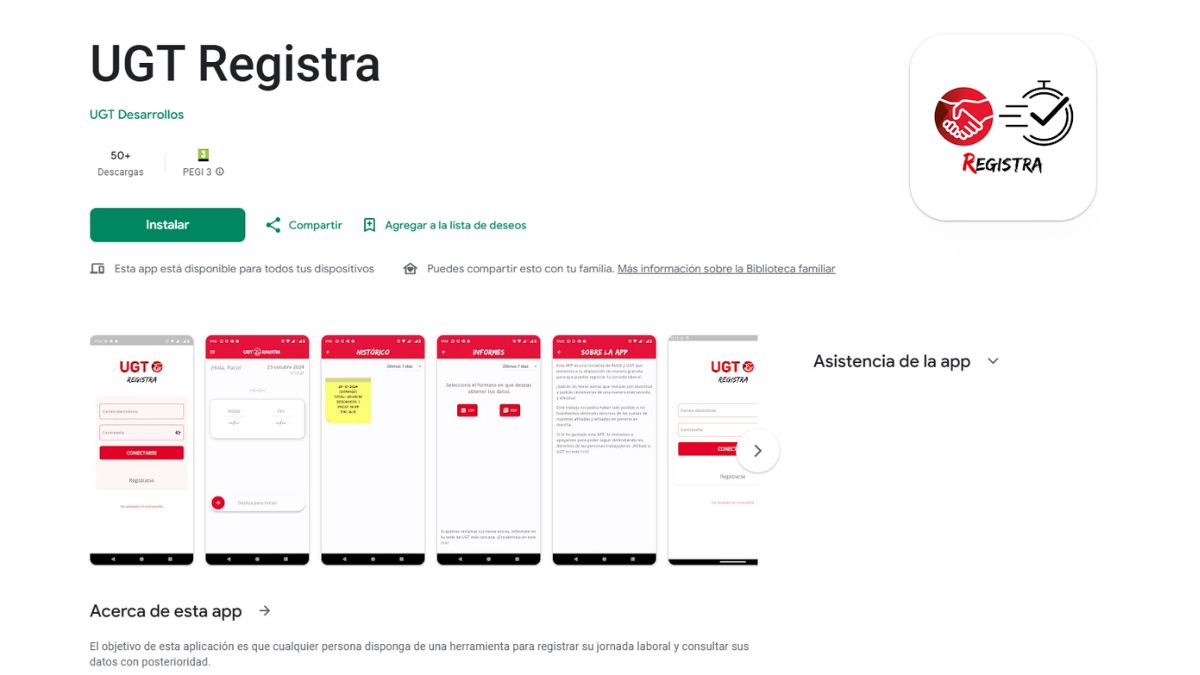 Imagen de Google PlayStore de la app 'UGT Registra'