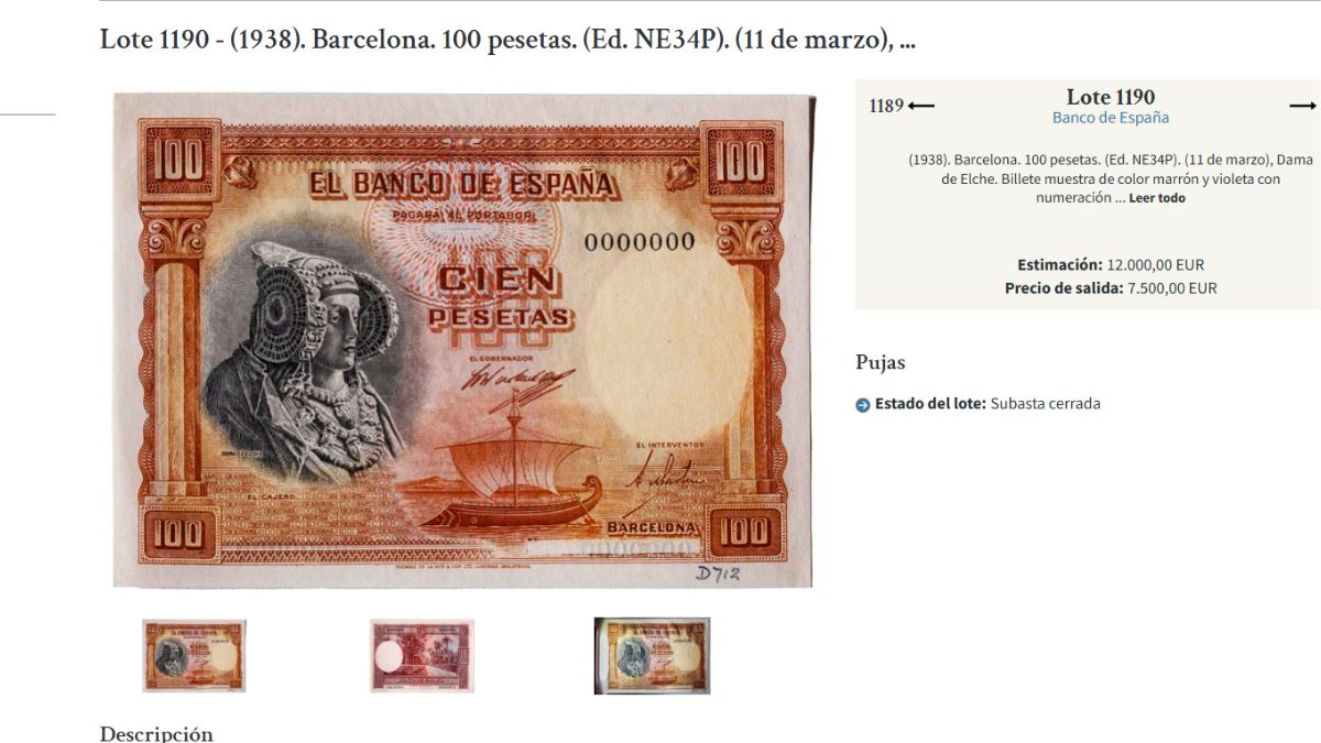 Billete de 100 pesetas con la imagen de la dama de elche