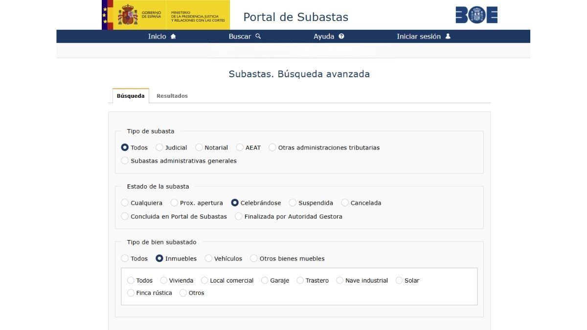 Buscador de subastas del Portal de Subastas del BOE