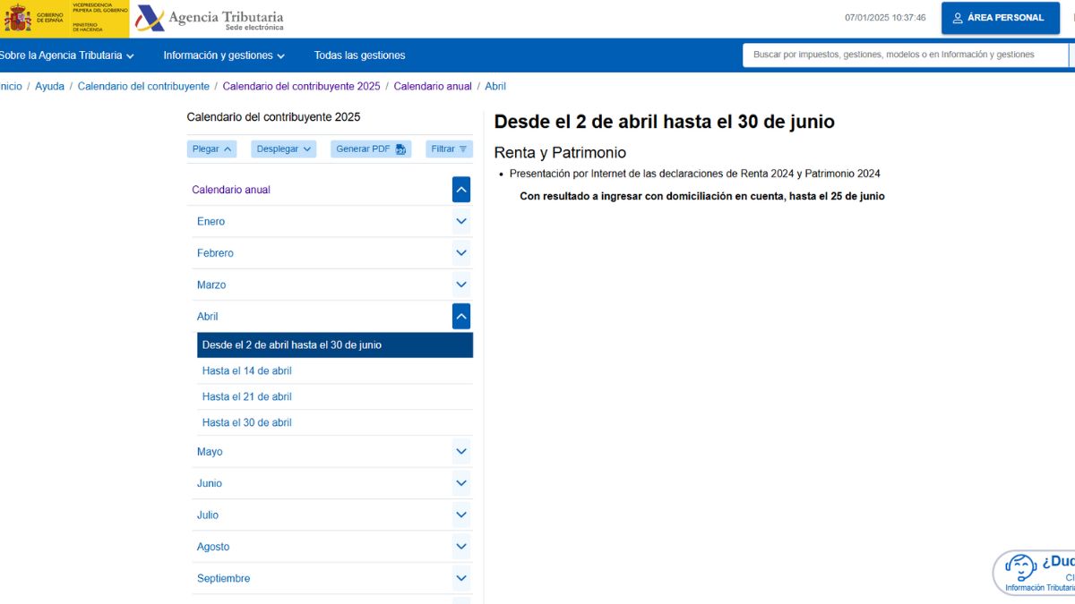 Calendario del contribuyente AEAT.