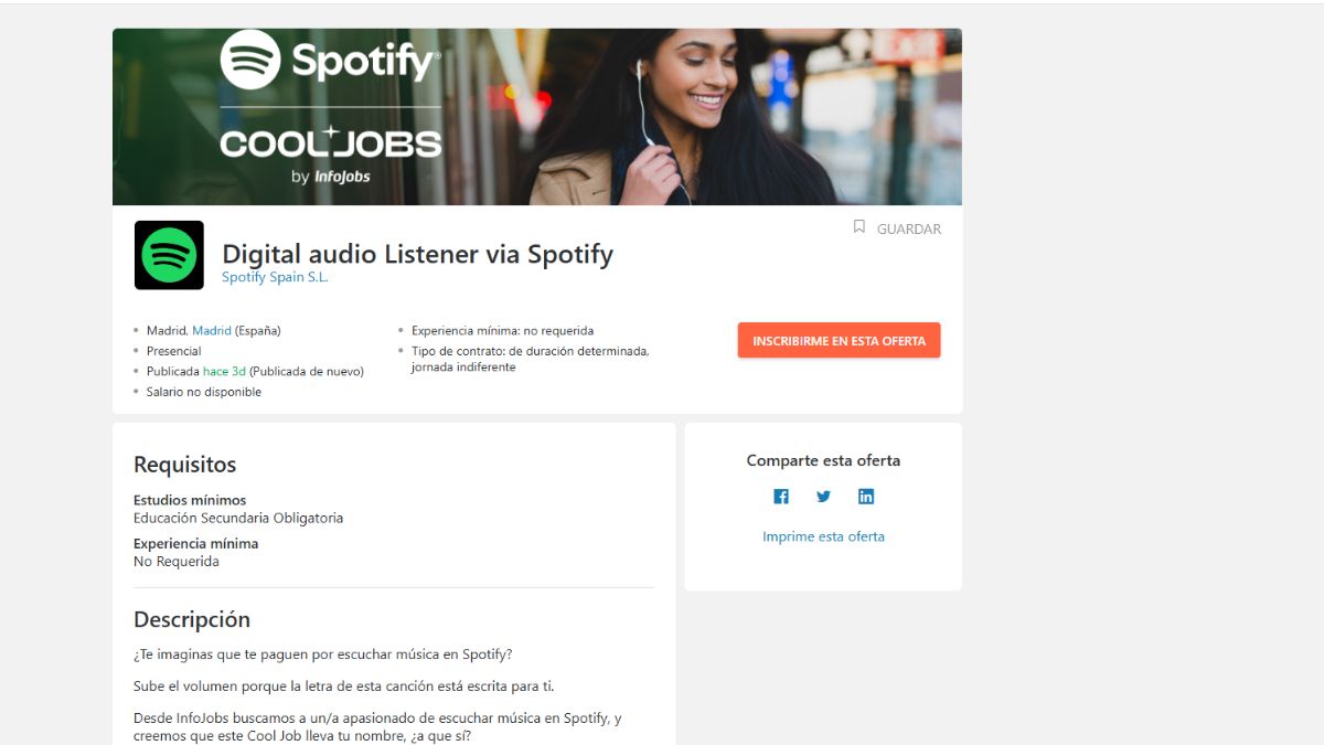 Oferta de empleo de Spotify.