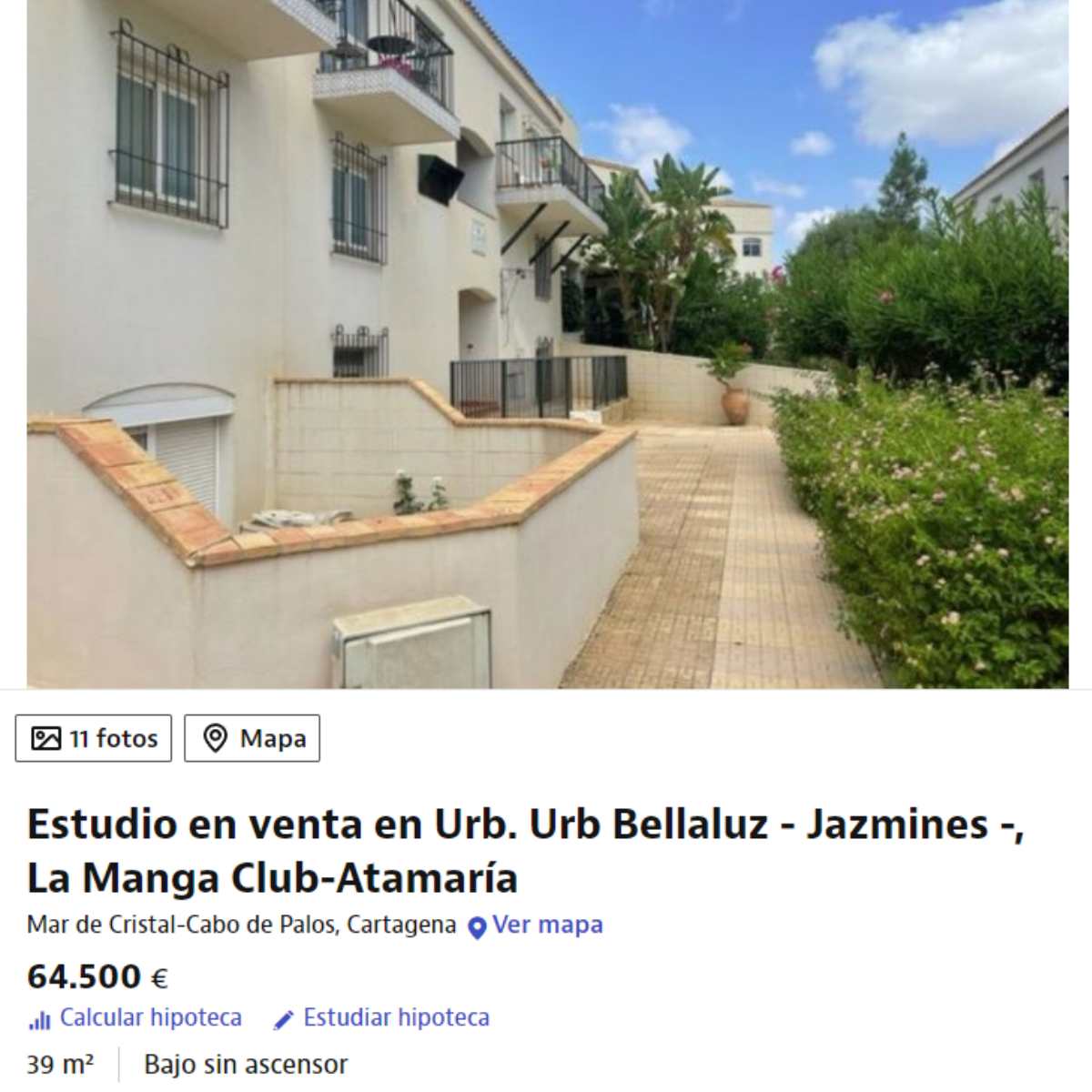Estudio en venta en Cabo de Palos- Cartagena por un precio de 64.500 euros 