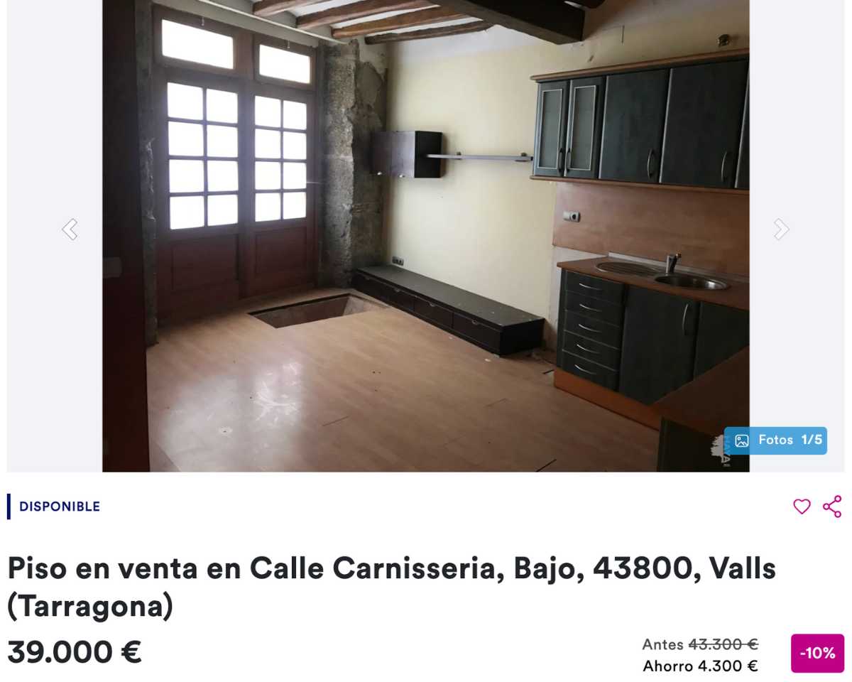 Piso en venta en Valls (Tarragona) por un precio de 39.000 euros 