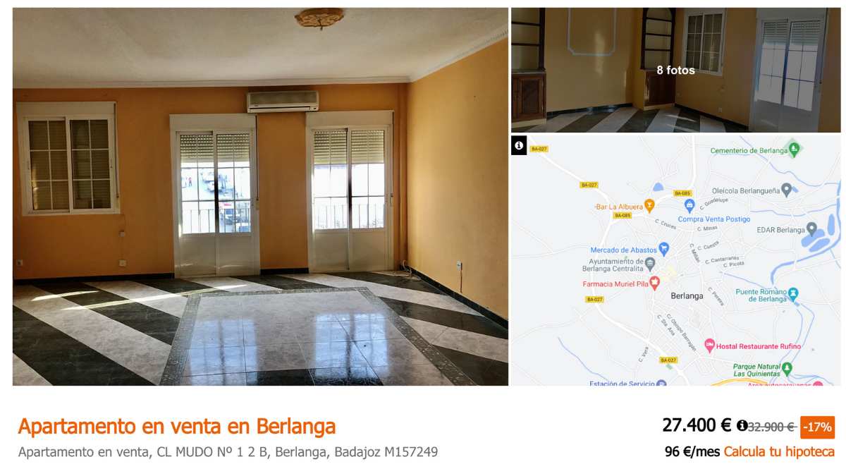 Apartamento en venta en Berlanga (Badajoz) por un precio de 27.400 euros 