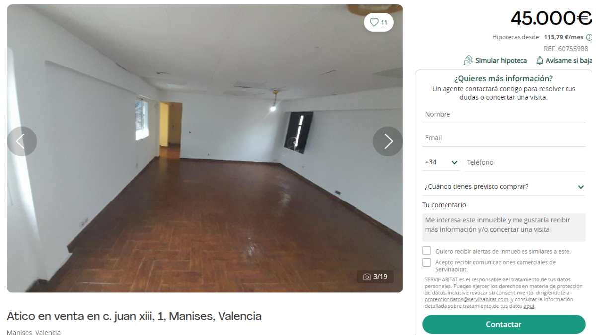 Ático en venta en Manises (Valencia) por un precio de 45.000 euros 