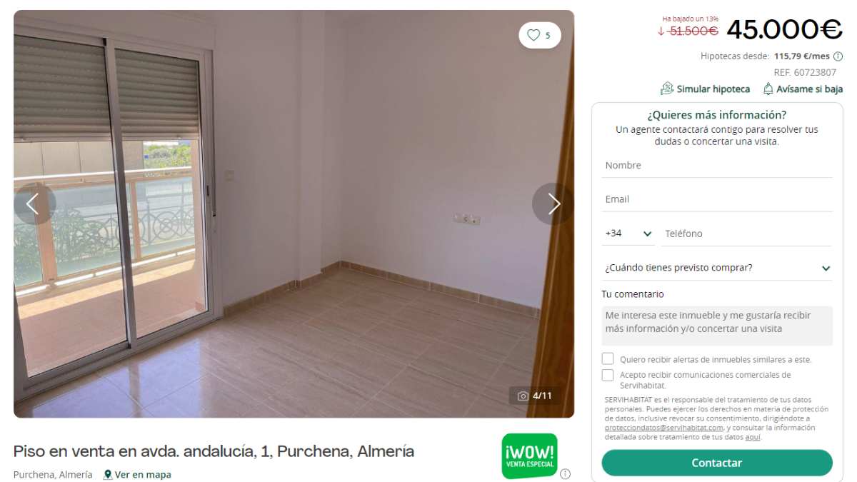 Piso en venta en Purchena (Almería) por un precio de 45.000 euros 