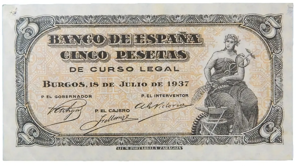 billete de 5 pesetas acuñado en Burgos en 1937