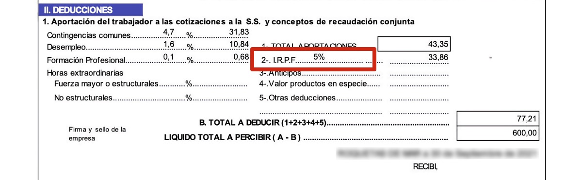 Apartado de deducciones de una nómina, con el destacado del IRPF