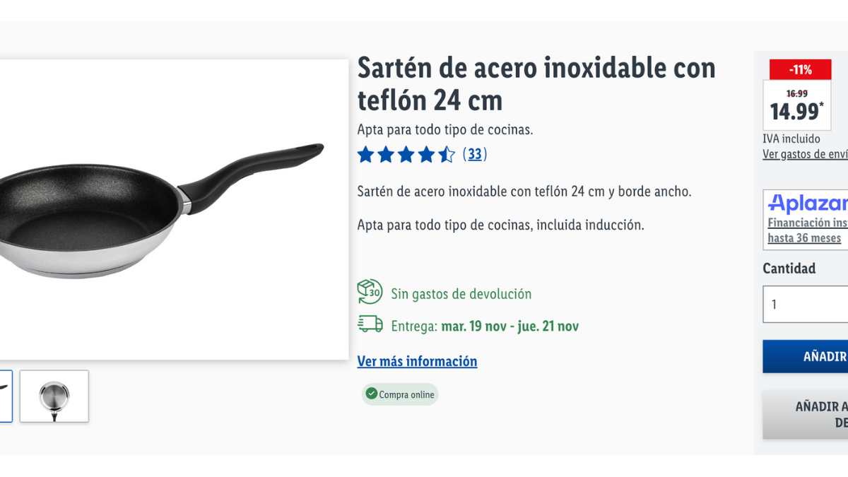 Sartén de acero inoxidable con teflón de 24 cm por un precio de 14,99 euros