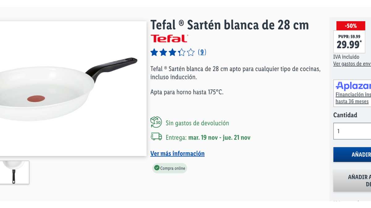 Sartén blanca Tefal de 28 cm por un precio de 29,99 euros (antes 59,99 euros)