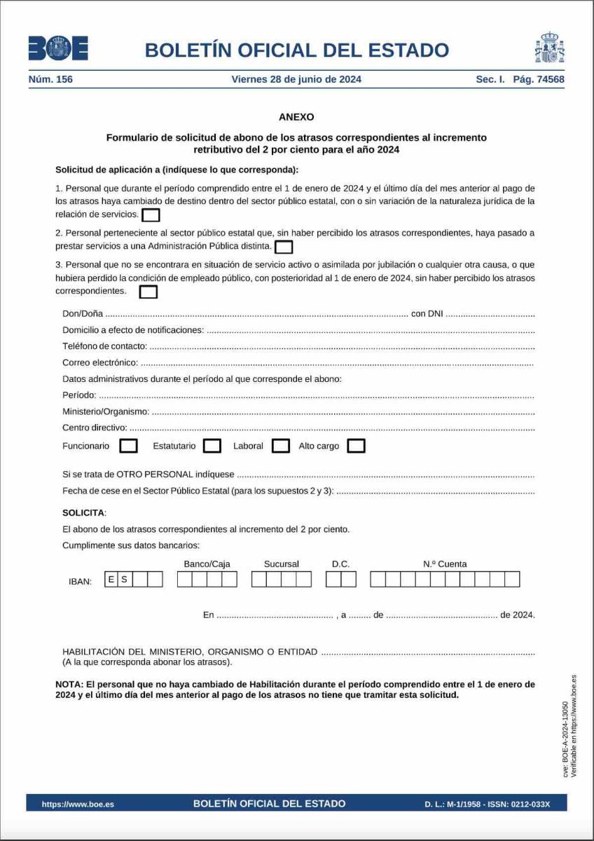 Formulario de solicitud publicado en el BOE por Hacienda