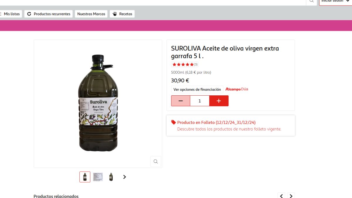 Oferta en la garrada de 5 litros de aceite de oliva virgen extra suroliva