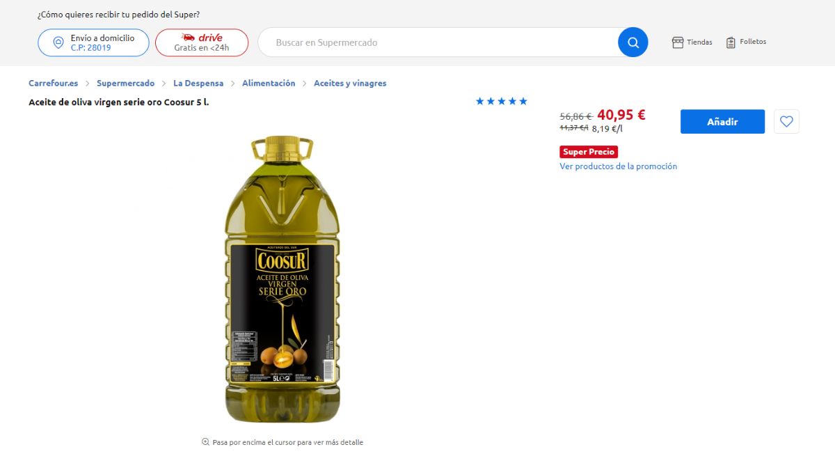 Una de las garrafas de aceite de oliva que entra en la promoción de Carrefour.