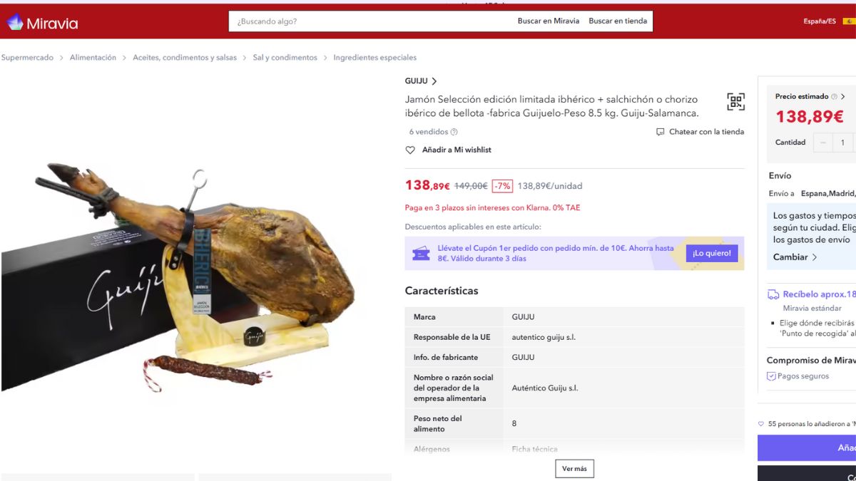 Oferta en jamón ibérico en Miravia