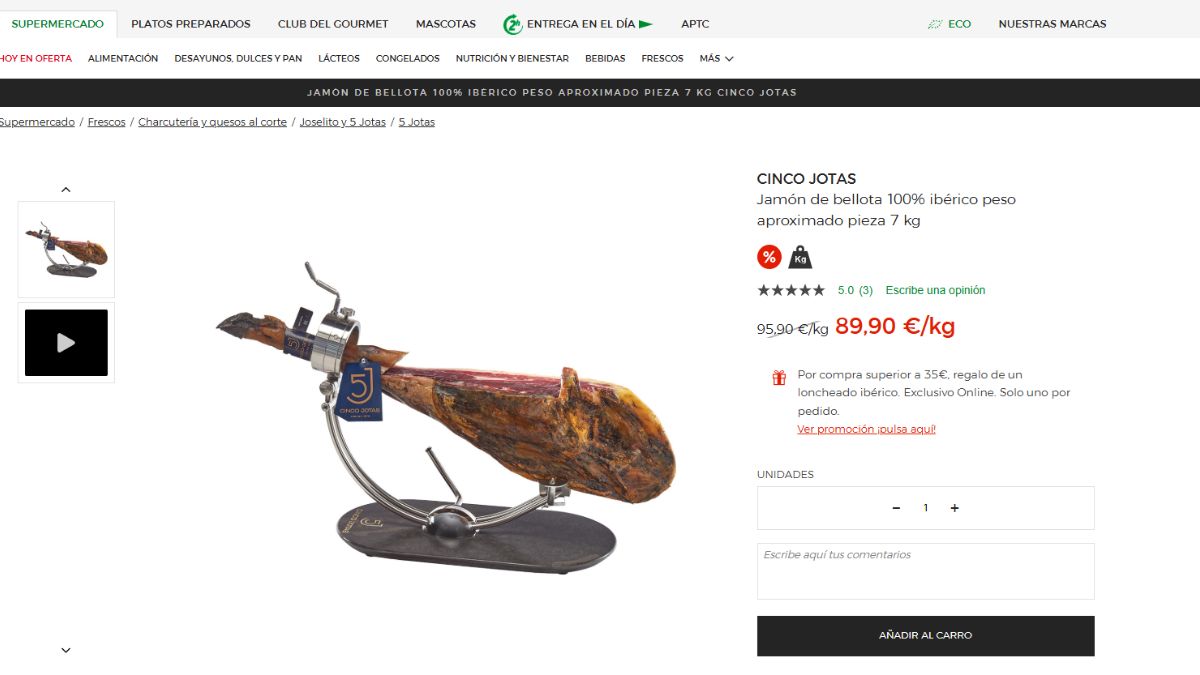 Oferta de El Corte Inglés de jamón serrano