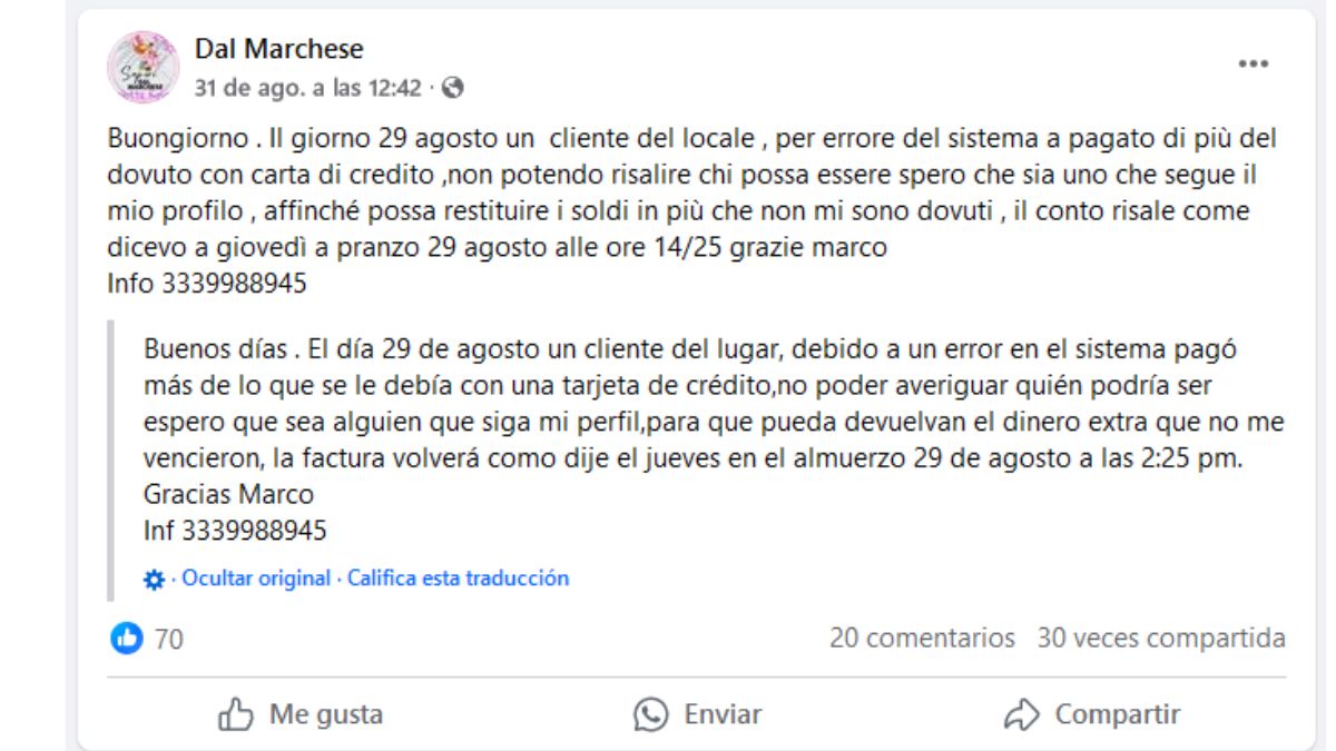 Mensaje publicado en las redes sociales para localizar al cliente.