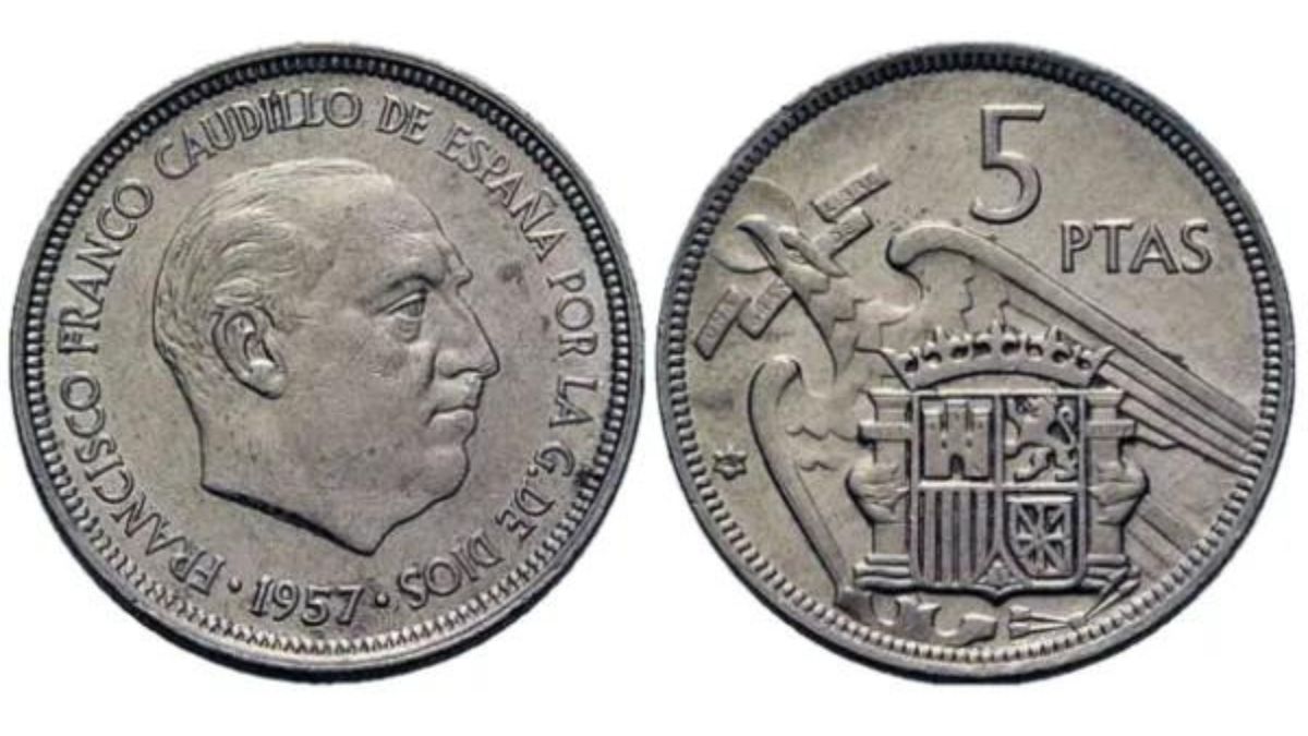 Moneda de 5 pesetas de 1957 con el rostro de Franco.