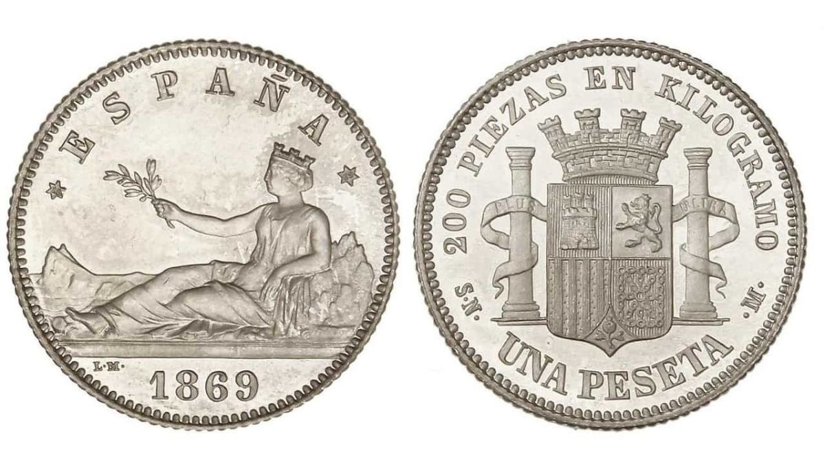 Moneda de peseta acuñada en 1869, con la figura de Hispania.