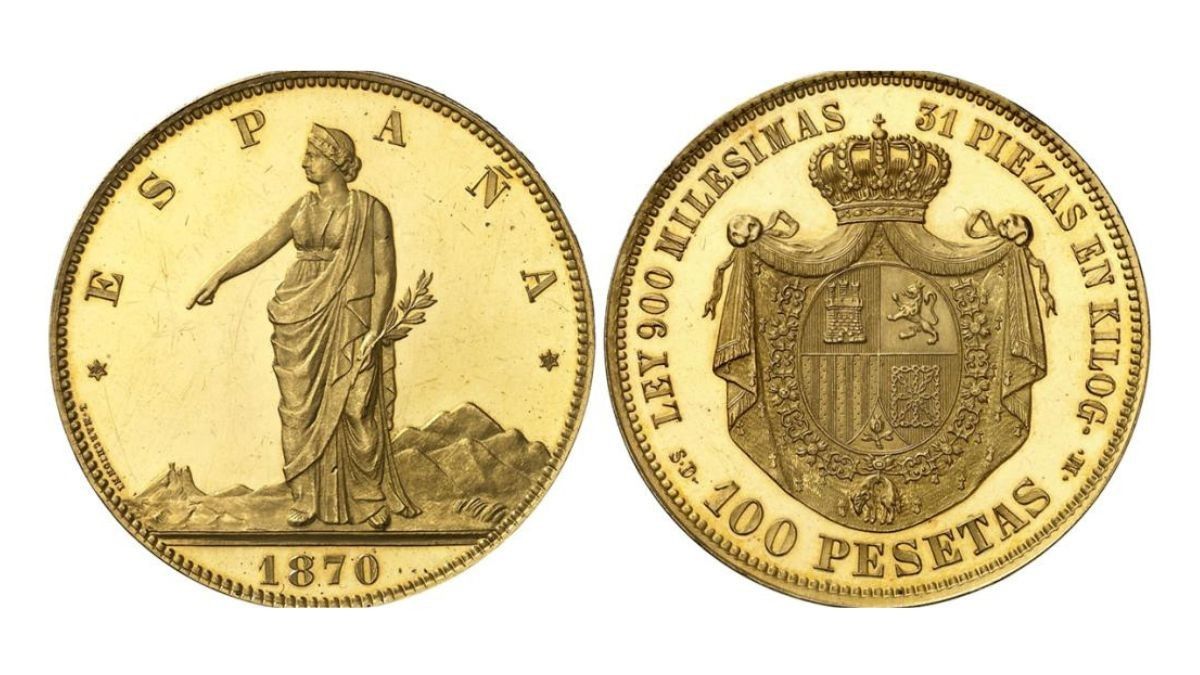 Moneda de 100 pesetas del año 1870.